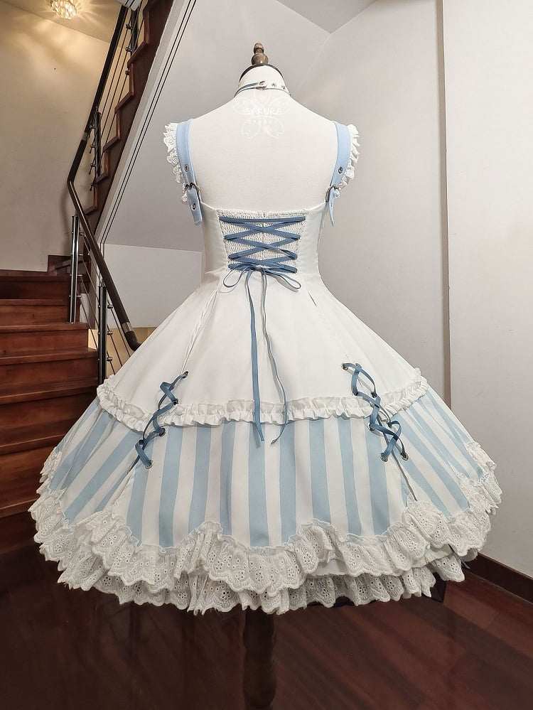 Kitty Light Bow Kaiwai Set Blaues JSK-Kleid Kurz geschnittenes Tenshi Lolita Sailor Striped Big Top Muster Ohren + - Kragen