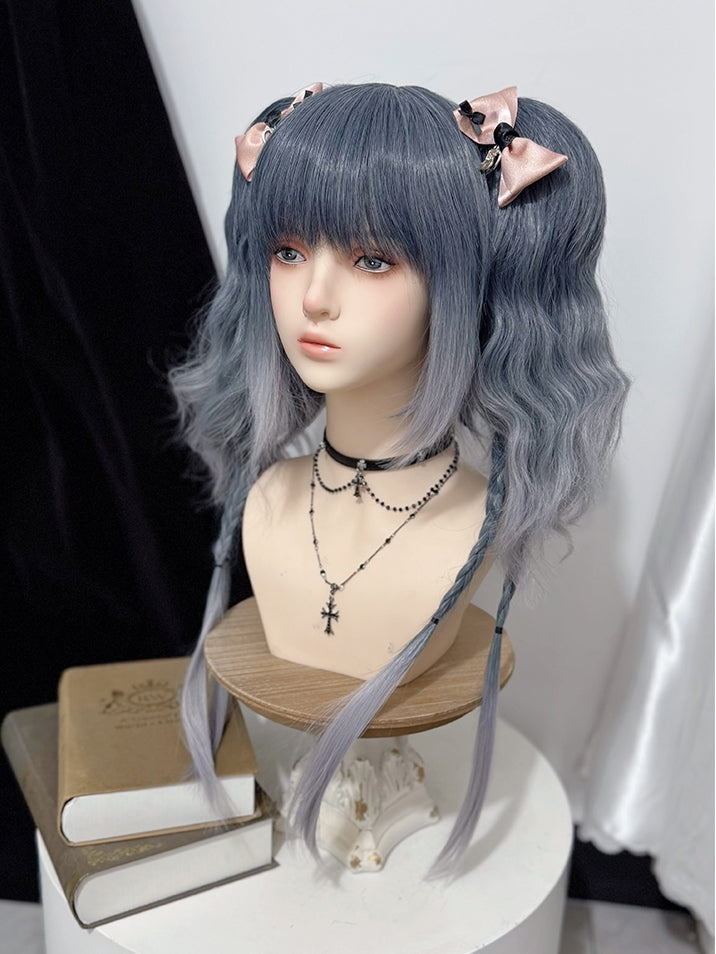 Blaugrau mit Pferdeschwänzen Ombre Haarperücken Klaue Zwei Pony Wellig +