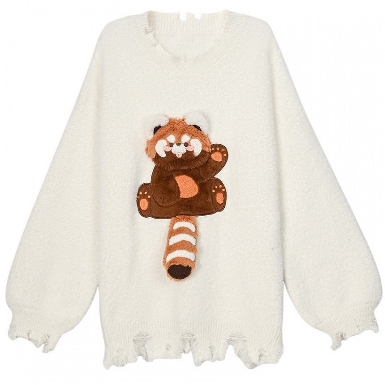 白い可愛いレッサーパンダのディストレストリムのルーズセーター