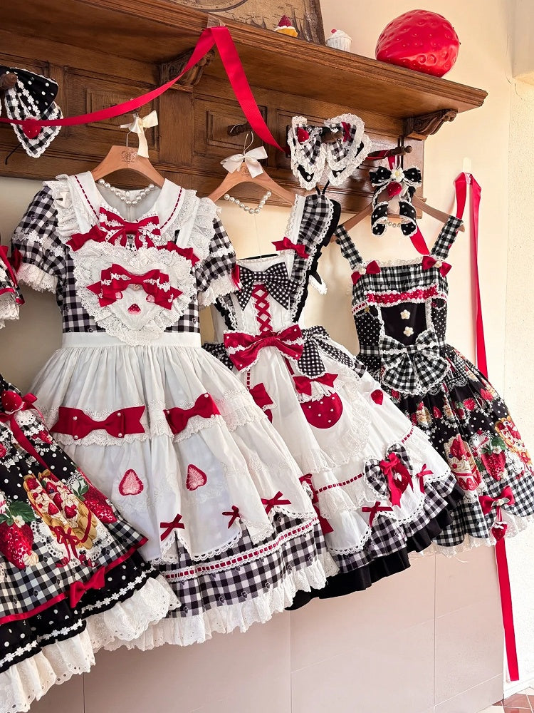 Strawberry Lolita Trim JSK Black Dress White Eyelet Print Cake with Scalloped