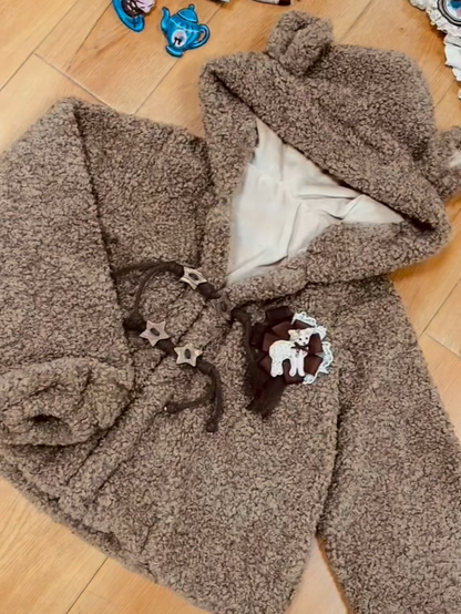 Brown Star-Accented Coat Toggles Sweet Plush with Drawstring Lolita
