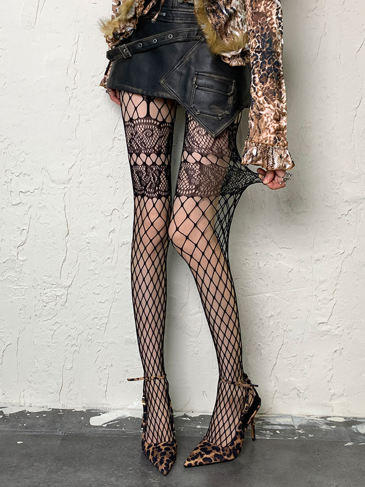 Graue Punk-Netzstrumpfhose mit Hohlsaum