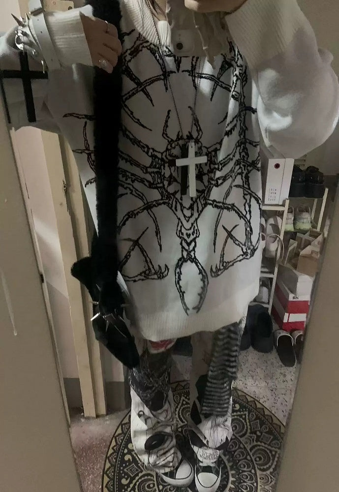 Pattern Style with Bone Beetle Sweater White Dark Gothic