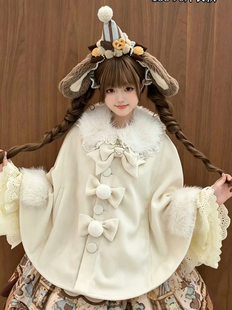 Velvet Lolita Cape in Sweet Beige with Detachable Fur Collar and Bow - Star Fantasy