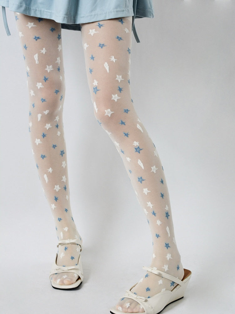 Tights Star with White White/Black Embroidery Blue Sheer