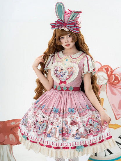 Pink & Green Alice Cat Vibes Heart-shaped Patch Sweet Lolita Dress with Apron Belt - Mewroco