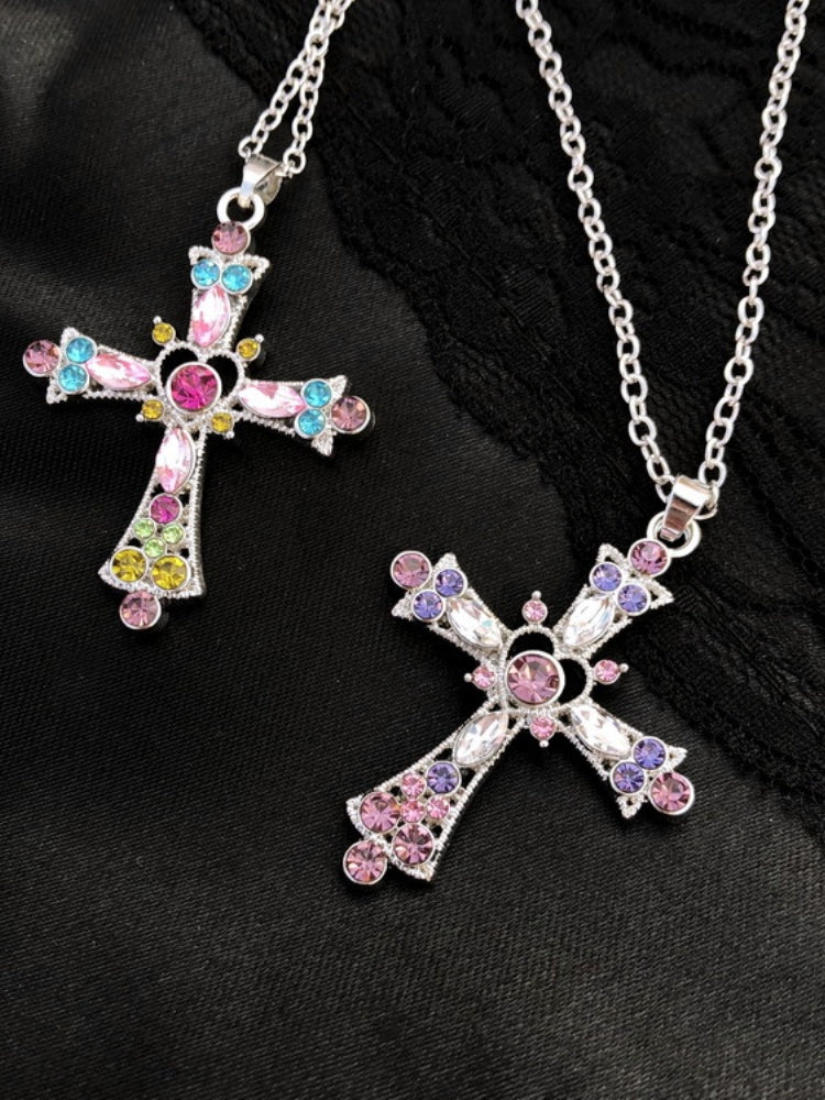 Neon Rainbow/Purple Rhinestone Cross Pendant Chain Necklace