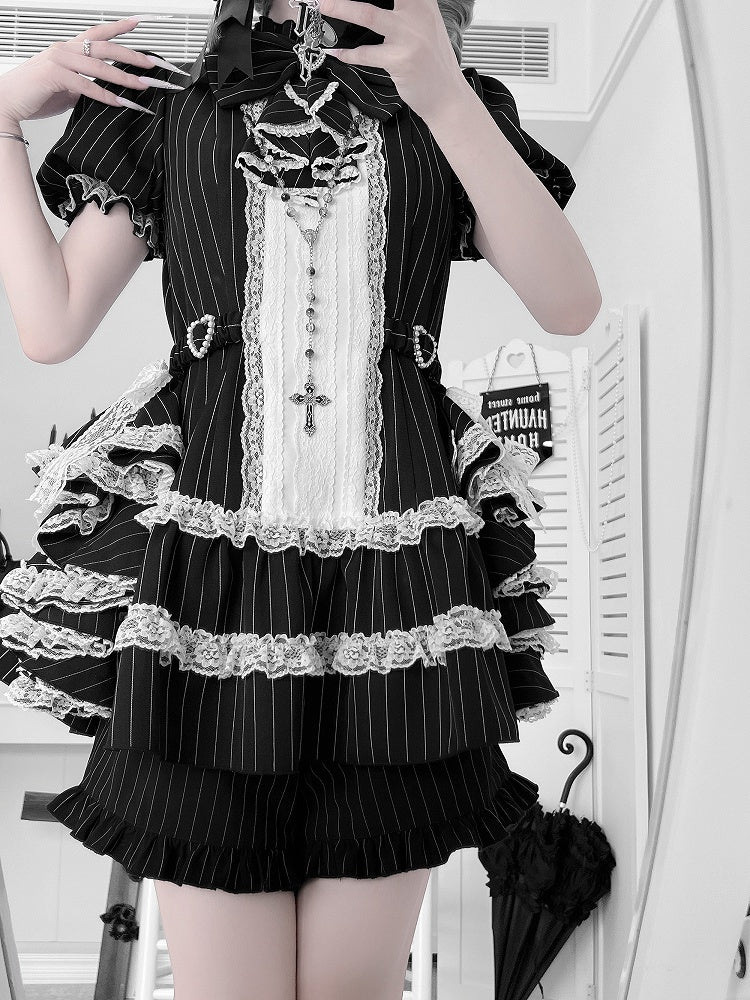 Puffy Jirai Set: Side Striped Design Train Gothic Elegant Dress Black with Sleeve Kei Draped