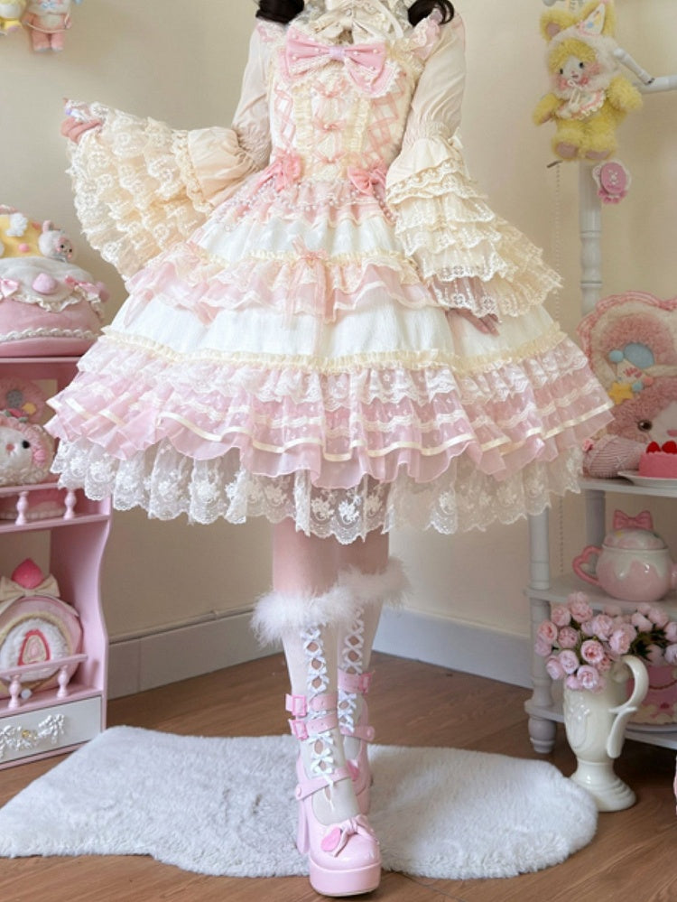 Decorated Chain Dress Hanayome Princess Bead Lolita Bows Apricot