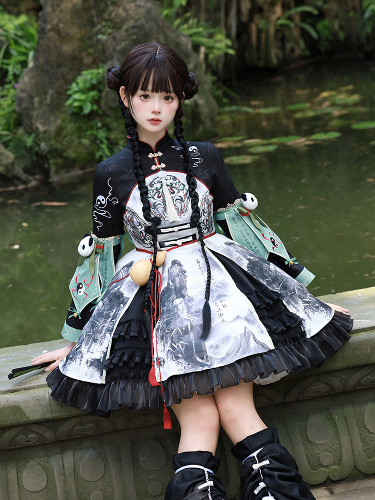 Tassels Lolita Bell Dress with Sleeves Ink-Painting and Black White Style