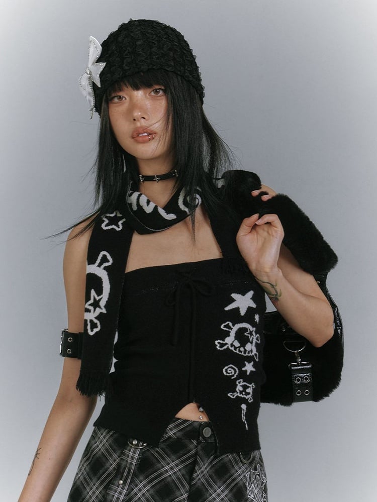with Star Edgy Matching Punk Print Slit Scarf Skull Top + Black Front Strapless