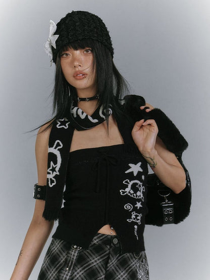 with Star Edgy Matching Punk Print Slit Scarf Skull Top + Black Front Strapless