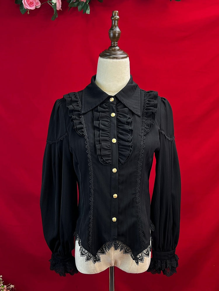 ブラックのエレガントなポインテッドカラー長袖シャツ