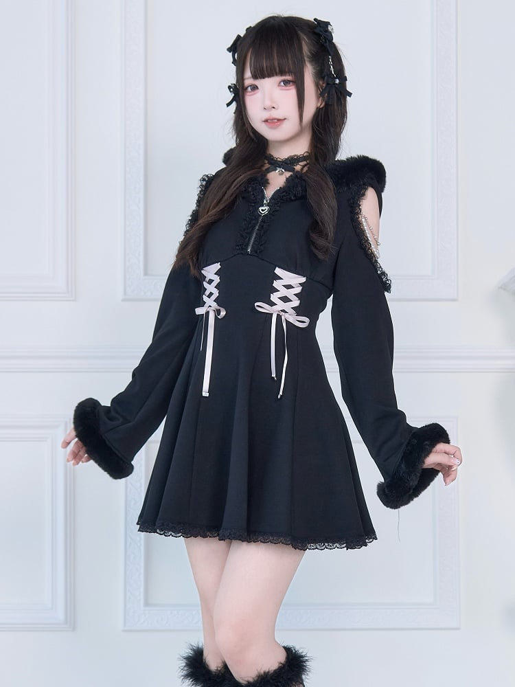 Shoulder Dress: Dark Elegance with Corset Beaded Lacing Jirai Black Hoodie Accents Kei Plush