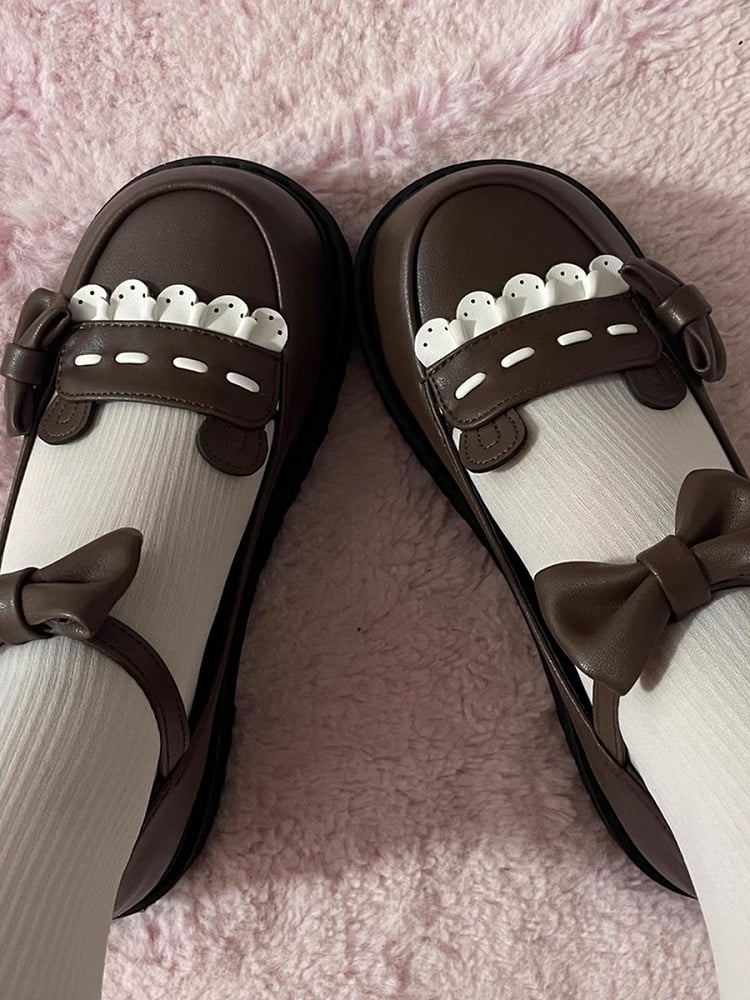 Delicate Flat and Bear Details Mary Bow Brown Sole Janes for Dark Ears 2.8cm with Lolita Fashion