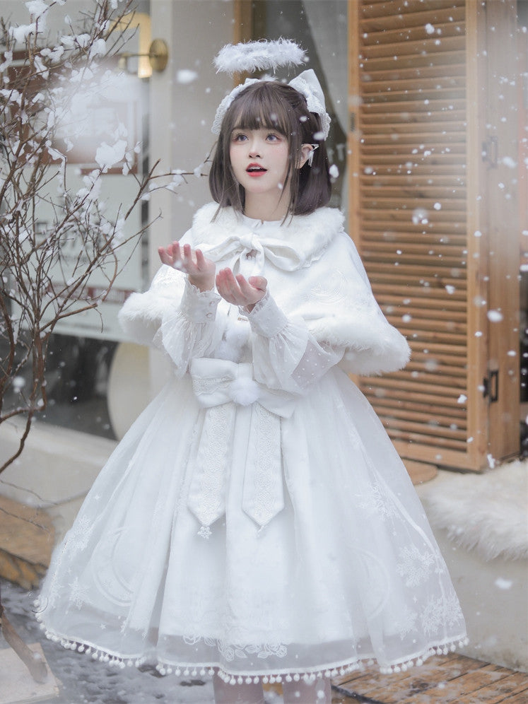 - + White Pattern Snowflake Skirt Full Sweet Set Cape Bow Jumper Big