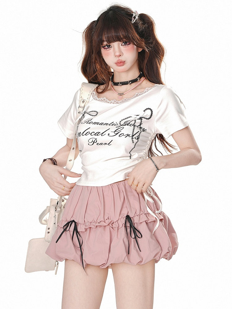 グレーレタープリント ドローストリングウエストTシャツ