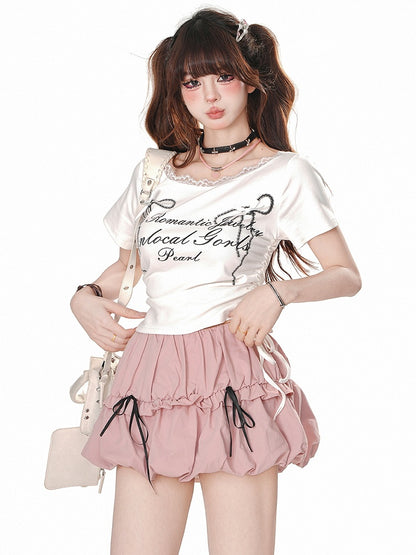 グレーレタープリント ドローストリングウエストTシャツ