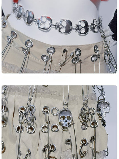 Punk Khaki Asymmetrischer Saum Pin Skelett Kreuzrock