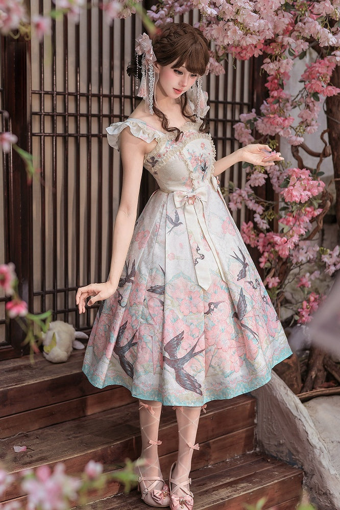 Swallow Kite and Peach Blossom Print Pink Chinoiserie Lolita Dress - Dream Magic Box