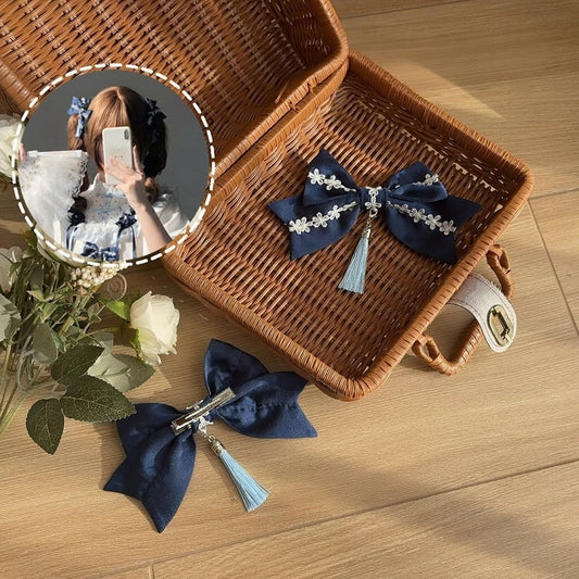 with Tassel Bow Blue Hairclips Lolita White Dark Accents