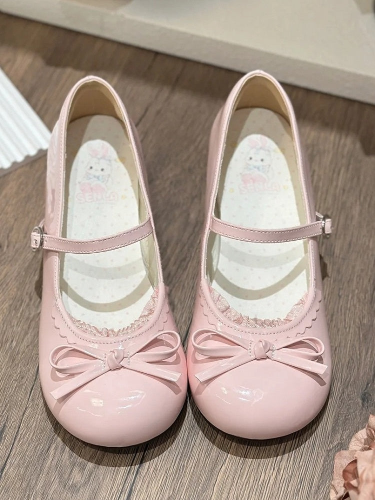 Schleifenbesatz Pink Jane Round - Geknotete Spitzenschuhe Süße Lolita-Mary-Schuhe mit niedrigem Absatz