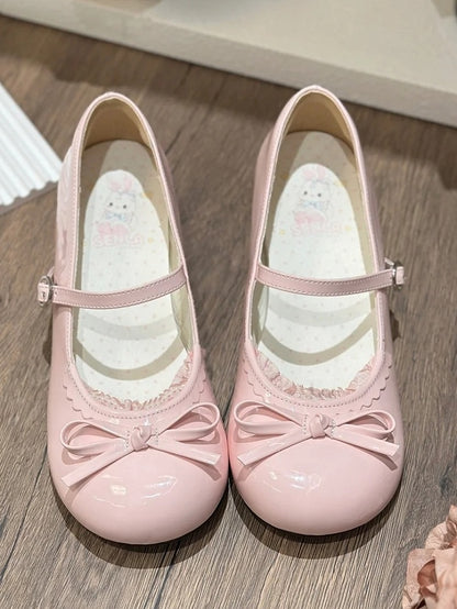 Schleifenbesatz Pink Jane Round - Geknotete Spitzenschuhe Süße Lolita-Mary-Schuhe mit niedrigem Absatz