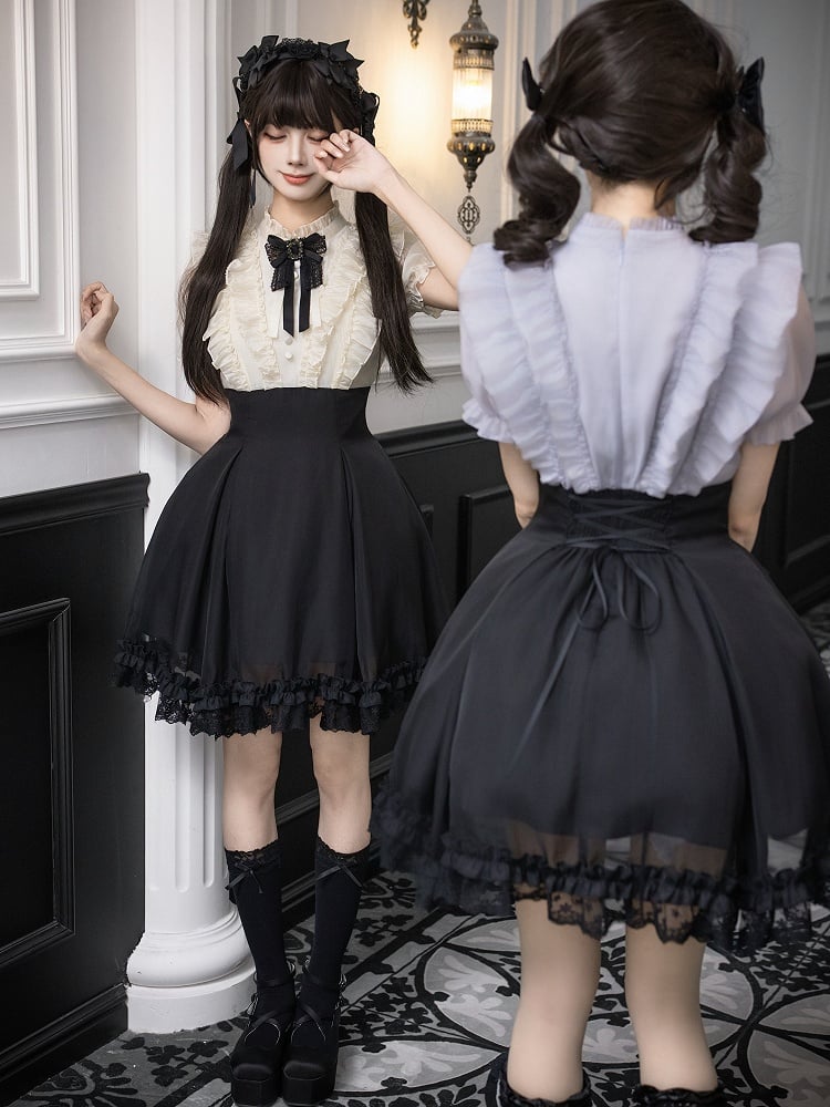 Gray Ruffled Blouse & Black Short Skirt Fake Two Pieces Lolita Dress - With PUJI