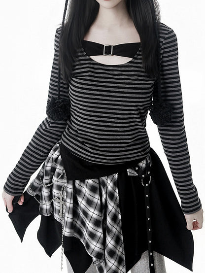 Design Pattern Button Long Slim-fitting with Striped - Black Sleeve Y2K Grey Top Metal