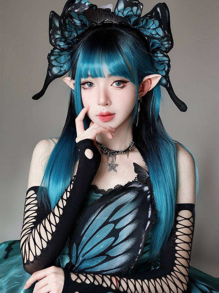 グリーン、前髪あり、エアブラック、オンブレ、長さ68cm、ストレート