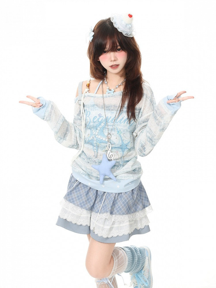 Blue Off Shoulder Long Sleeve Top with Starfish Print & Rhinestone Details - Languid Park
