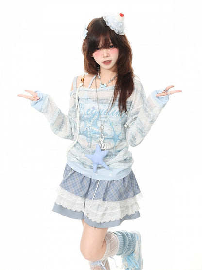 Blue Off Shoulder Long Sleeve Top with Starfish Print & Rhinestone Details - Languid Park