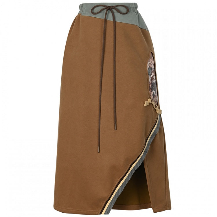 Brown Drawstring Vintage Fashion Slit Skirt Side Millard Waist Prince Print