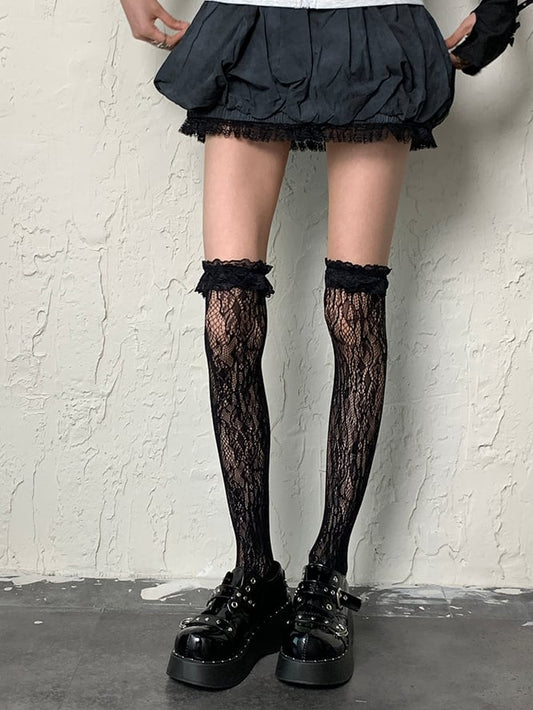 Overknee Design Black Cuff Ruffled Hollow-out Fashion Gyaru Stockings