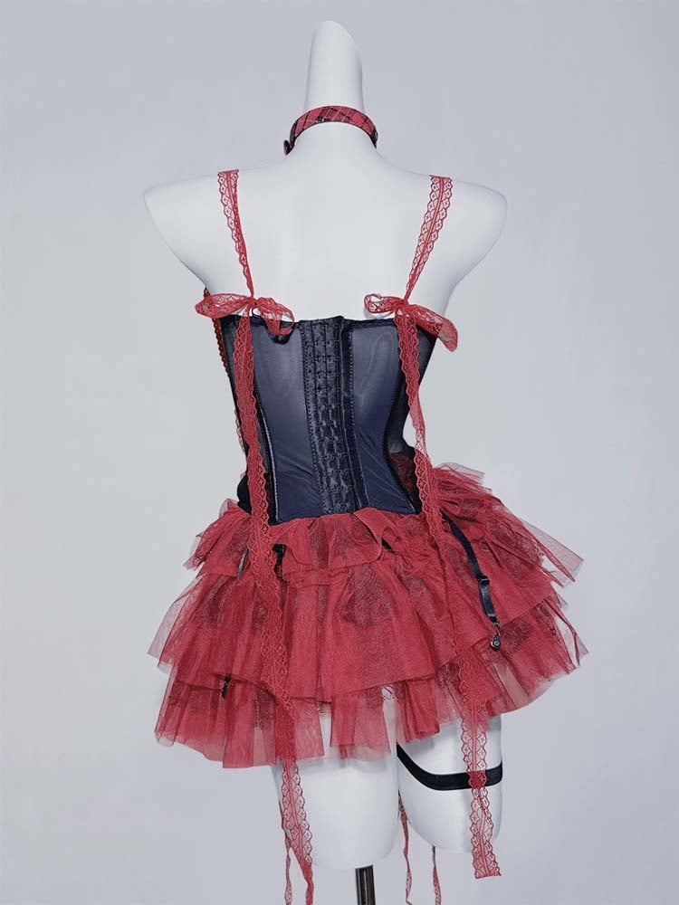 Gothic Black&Red Lace Tiered Skirt