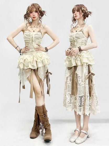 Ruffle Set- Self-tie Beige Dress Trim Skirt Cami Glamorous Straps +