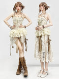 Cami Set- Self-tie Glamorous Trim Dress Ruffle Skirt + Straps Beige