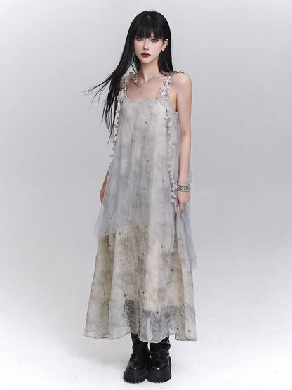 Gray with Ribbons Layered Dress Embroidered Slip Tulle Floral Hem Asymmetrical