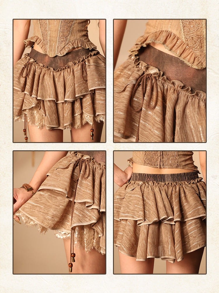 Brown Chiffon Tiered Ruffled Skirt with Lace and Shorts - Virtual Orbit