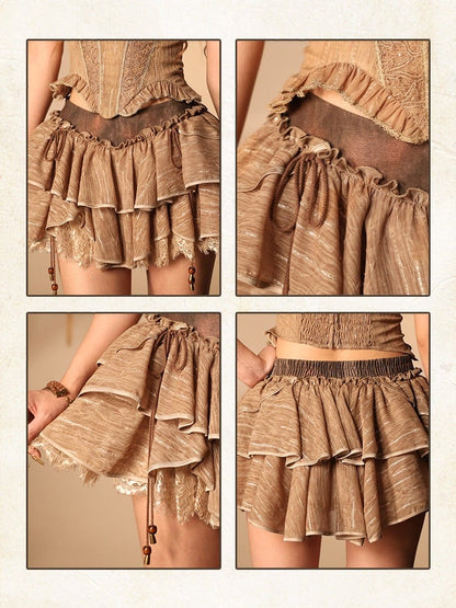 Brown Chiffon Tiered Ruffled Skirt with Lace and Shorts - Virtual Orbit