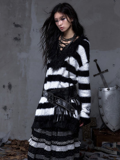 White with Striped Vintage Long Black Lacing Punk Crisscross Mink Distressed Collar Sweater Faux