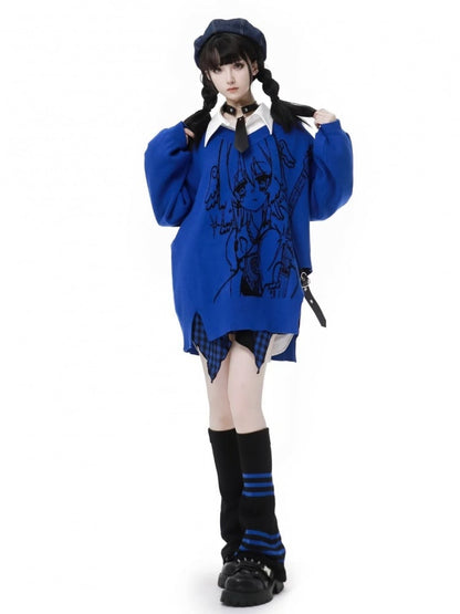 パンクロックガール柄 ブルー Vネック セーター ハート PU バックル付き