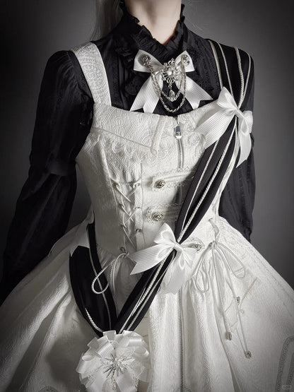 Sash White Motif Black Striped Bow Lolita and Embroidered Military with