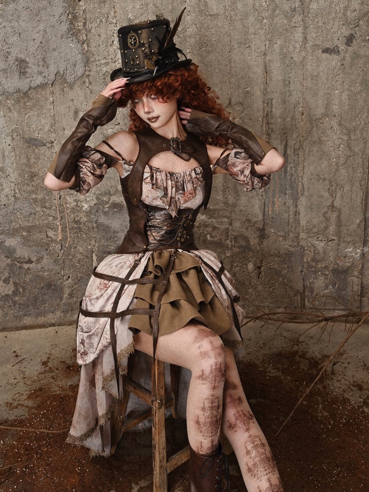 Braune Vintage Steampunk Weste aus Leder Birdcage