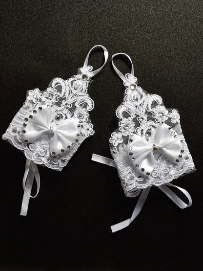 White Lace Wrist Cuffs with Rhinestone and Bow Decorations - Mr. Cat
