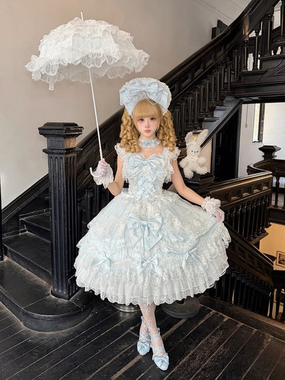 Hanayome-Style Lace + Trim Lolita Bow / Blue Set Back Full Dress JSK Decor Multi-Layer With