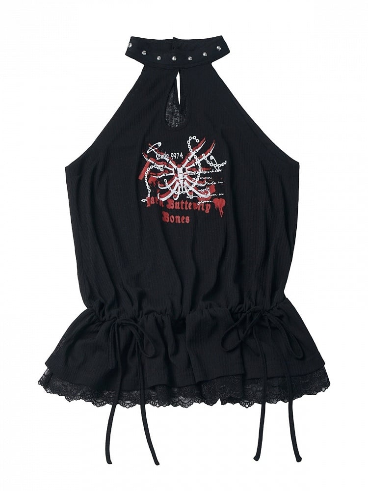 Studded Halter Peplum Top with Skeleton Print - PINK SAVIOR