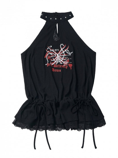 Studded Halter Peplum Top with Skeleton Print - PINK SAVIOR