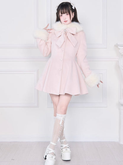 Cape Pink Jirai Kei with Plush Detachable Collar Coat Cuffs | Waist-Cinching