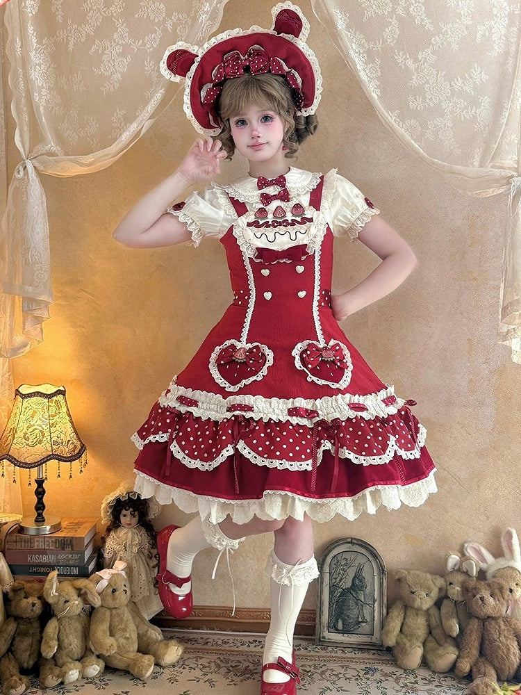 Strawberry-Print JSK Dress with Polka-Dot Bow & Peter Pan Collar Blouse Set - Day Rabbit